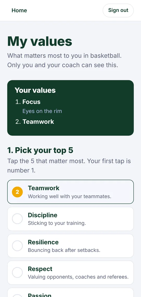 My values screen